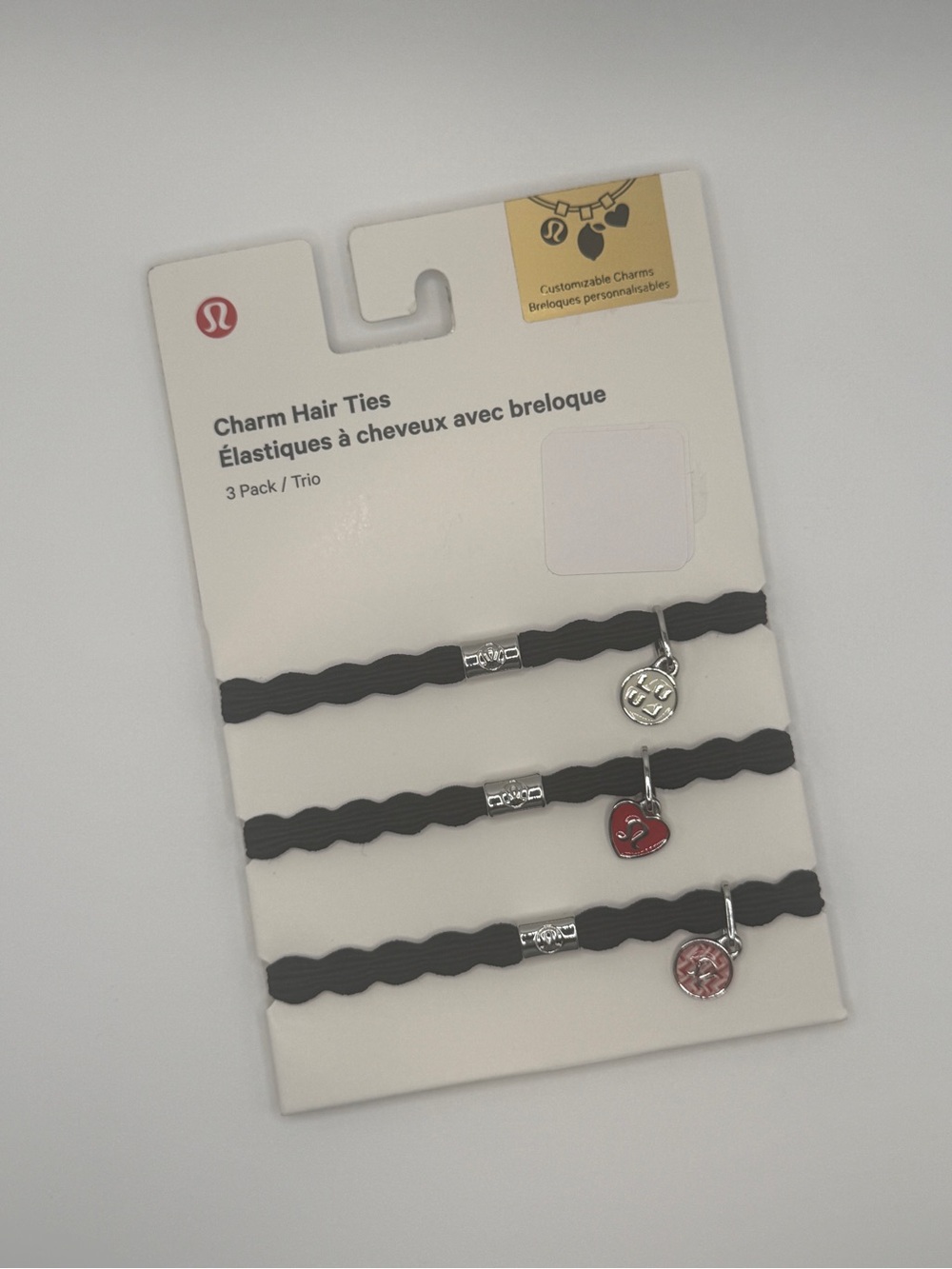 NWT Lululemon Charm Hair Ties 3 Pack — Black / Silver / Red Heart (BLK/SLVR)